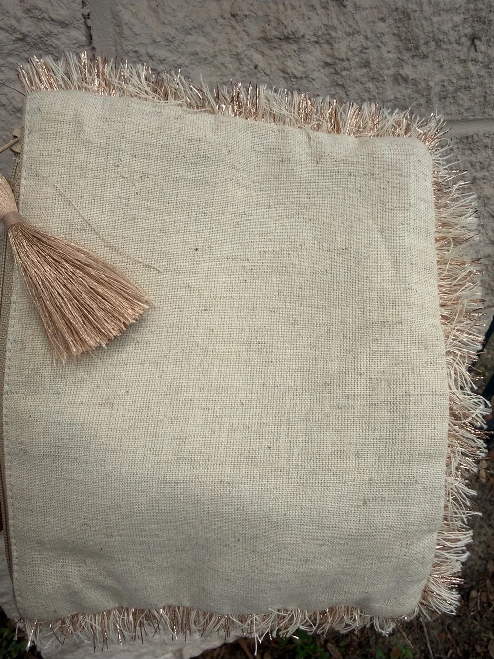 Noor-e-Noire Cotton/Linen Floral Beaded Monogram L Initial Fringe Pouch NWOT
